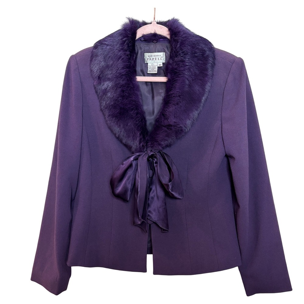 Adrianna Papell Womens 10 Purple Fur Trim Bow Blazer Jacket Glam Chic Holiday